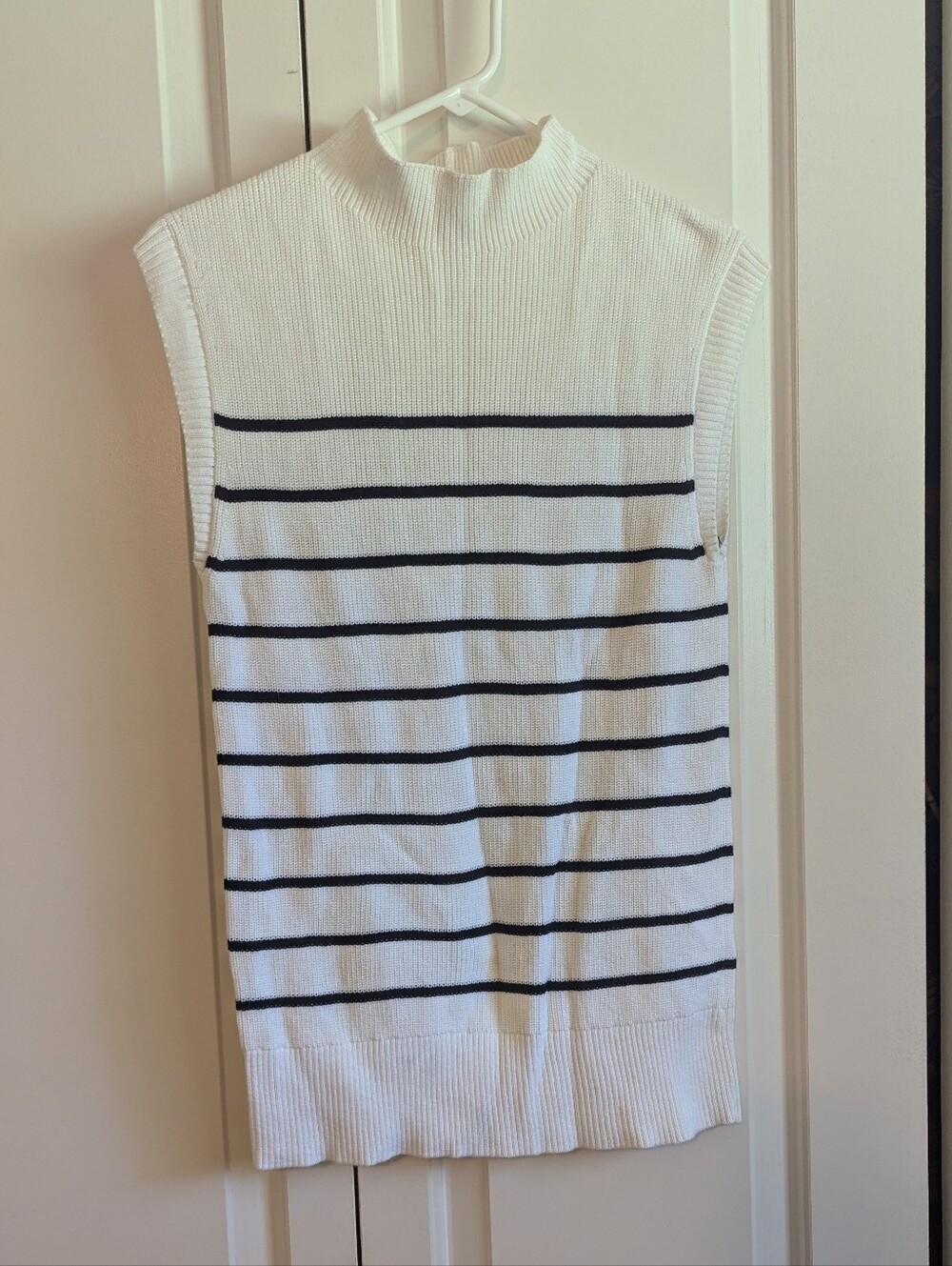 Talbots White Sleeveless Turtleneck Sweater with Black Stripes